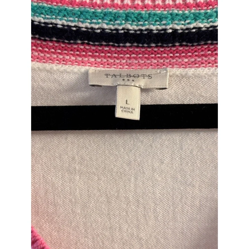 Talbots White V-Neck Sweater‎ Womens Large Pink Stripe Trim Cotton Blend